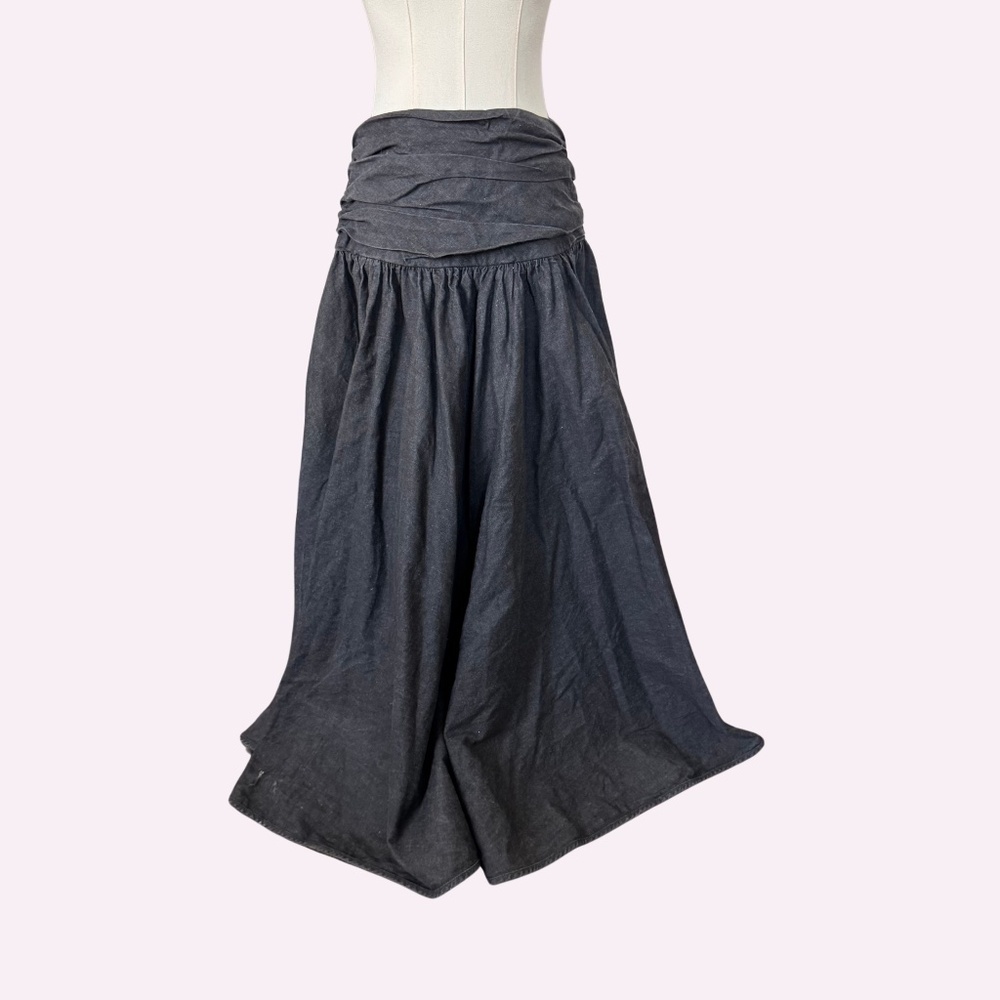 1980s Vintage Ruched Waist Barboglio Cristina Jan Black Denim Maxi Skirt